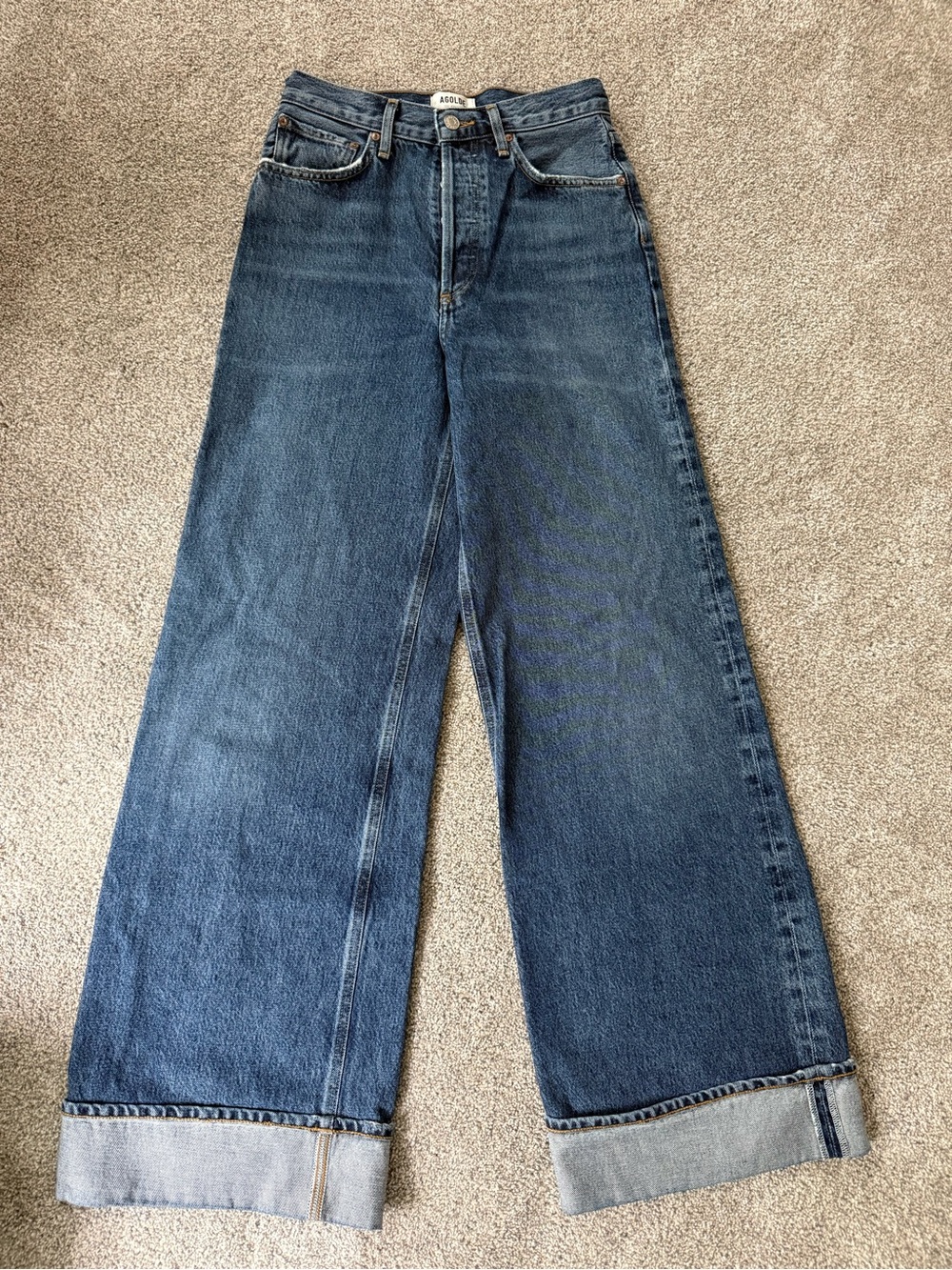 AGOLDE high waisted Wide Leg Dark Dame Cuff Blue Jeans Size 25 EUC orig. $195